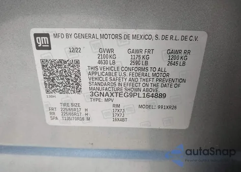 2023 Chevrolet Equinox Awd 2Fl из США, поврежденный, VIN 3GNAXTEG9PL164889